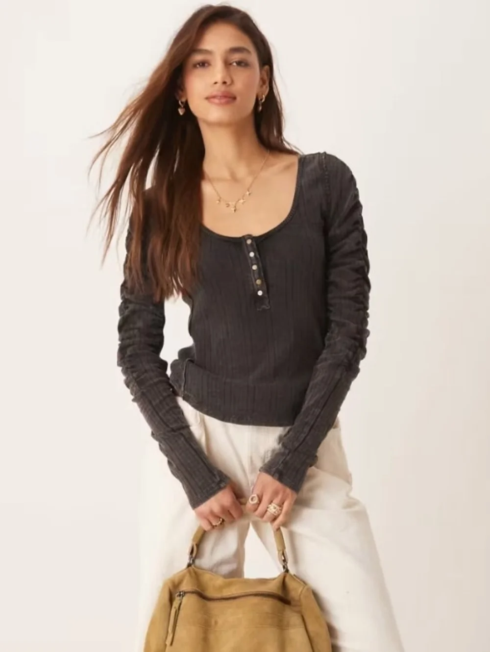 NWT Free People Ruched Sleeve Pointelle Henley Top In Washed Black - XS